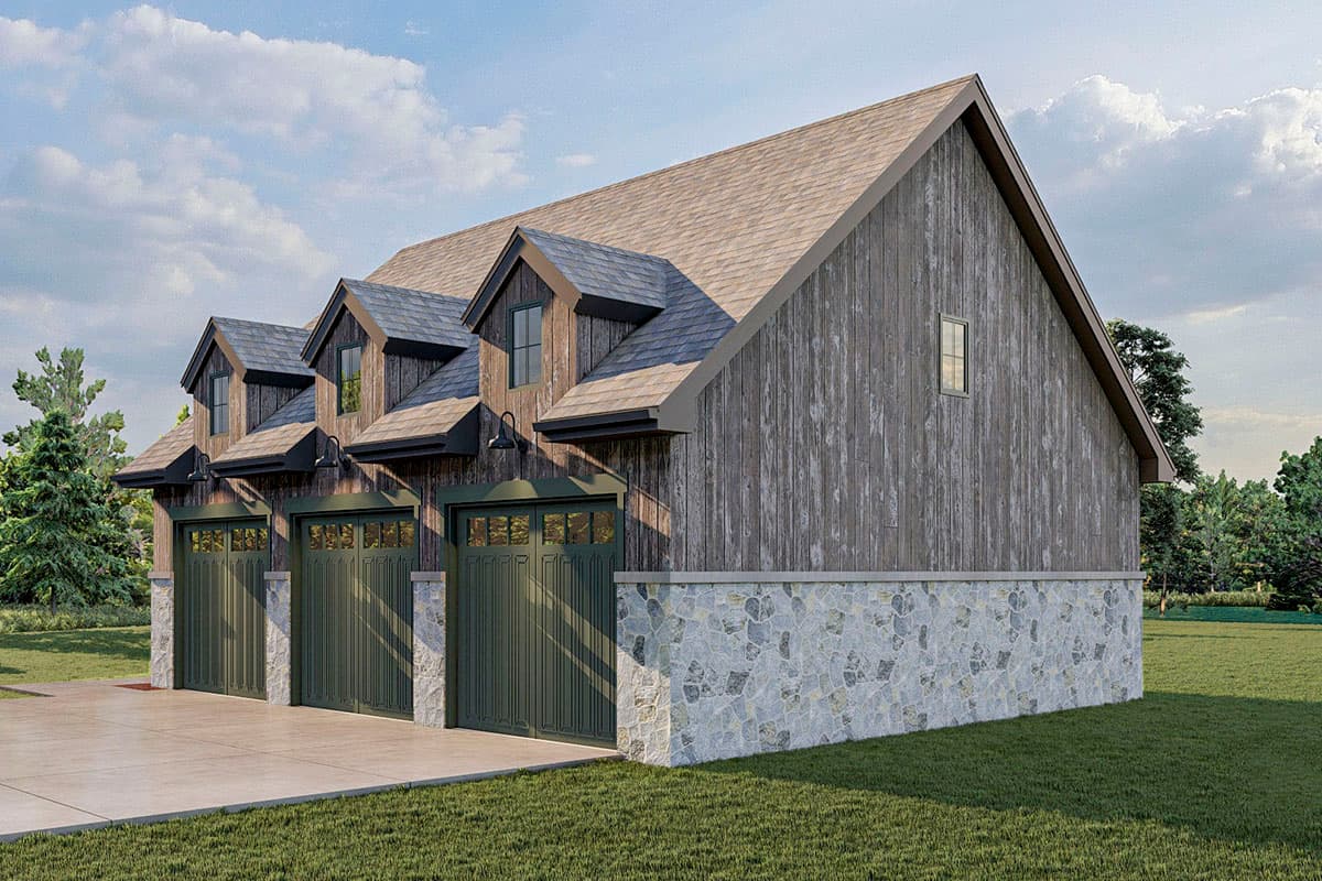 House plan exterior featuring a three-car garage with wooden siding, stone wainscoting, and three gabled dormers.