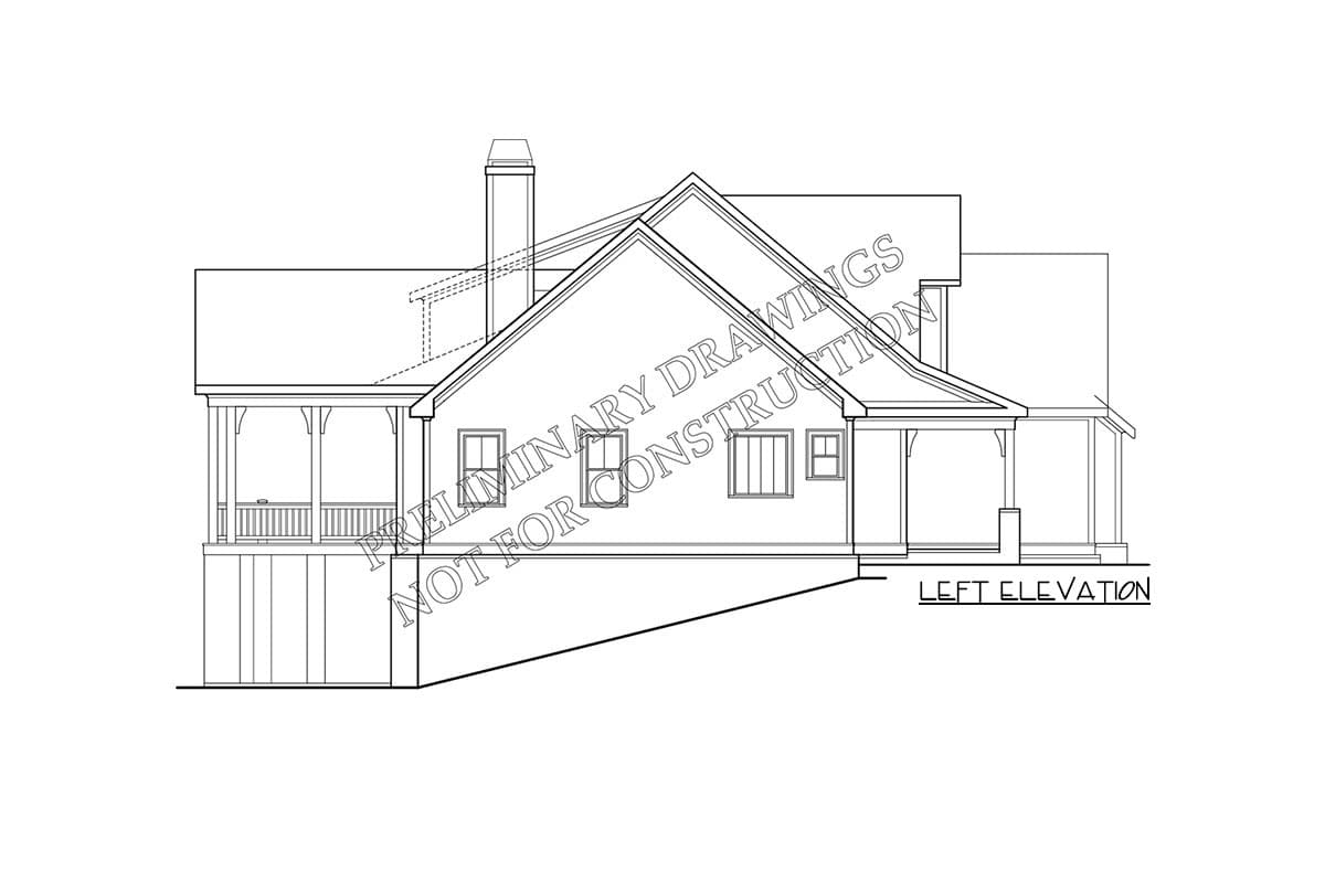 Left elevation house plan drawing shows a gabled roof, chimney, and covered porches.