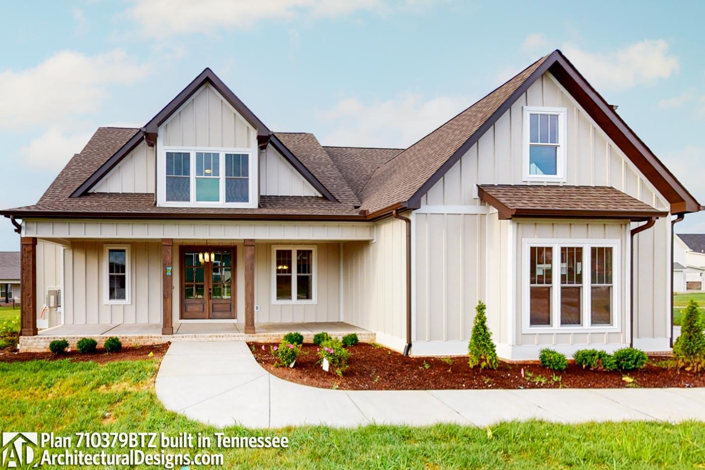 Modern Farmhouse house plan exterior featuring board-and-batten siding, a covered front porch with wood columns, and multiple gables.