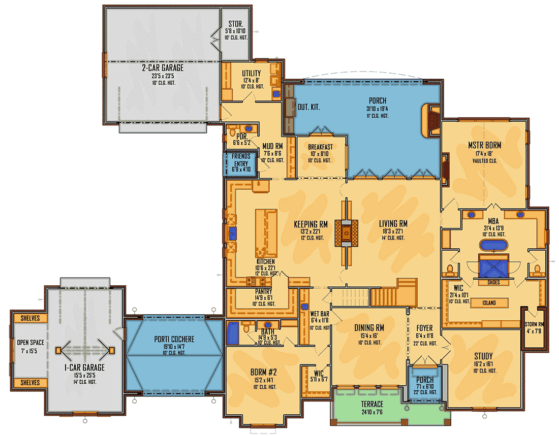 Plan 510185WDY: Exclusive 2-Story Transitional House Plan with Porte Cochere and Study - Floor Plan - Main Level - Acadian, French Country, Louisiana-Style, Southern, Traditional, Transitional