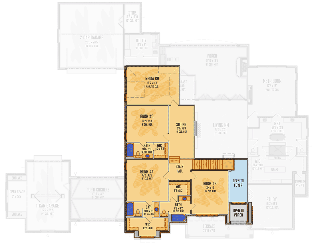Plan 510185WDY: Exclusive 2-Story Transitional House Plan with Porte Cochere and Study - Floor Plan - 2nd Floor - Acadian, French Country, Louisiana-Style, Southern, Traditional, Transitional