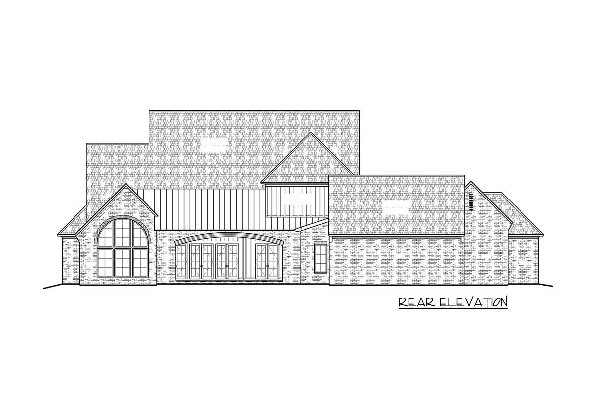 Rear elevation house plan showing brick exterior, varied rooflines, arched window, and double doors.