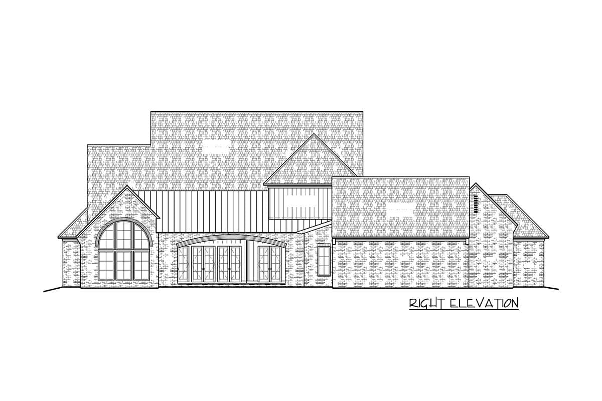 Right elevation house plan drawing showing brick exterior, multiple gables, arched window, and French doors.