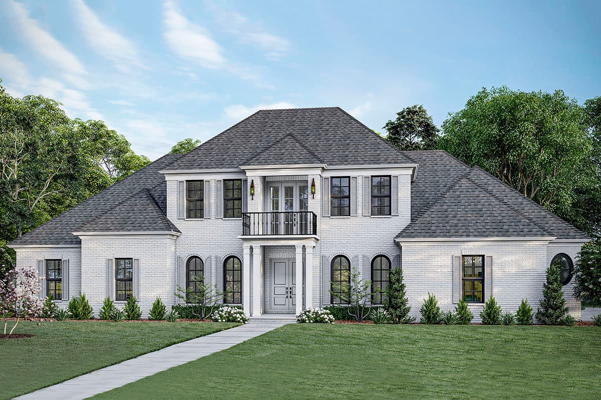 House plan exterior featuring a two-story design with a hipped roof, dormers, and a second-story balcony with balustrade.