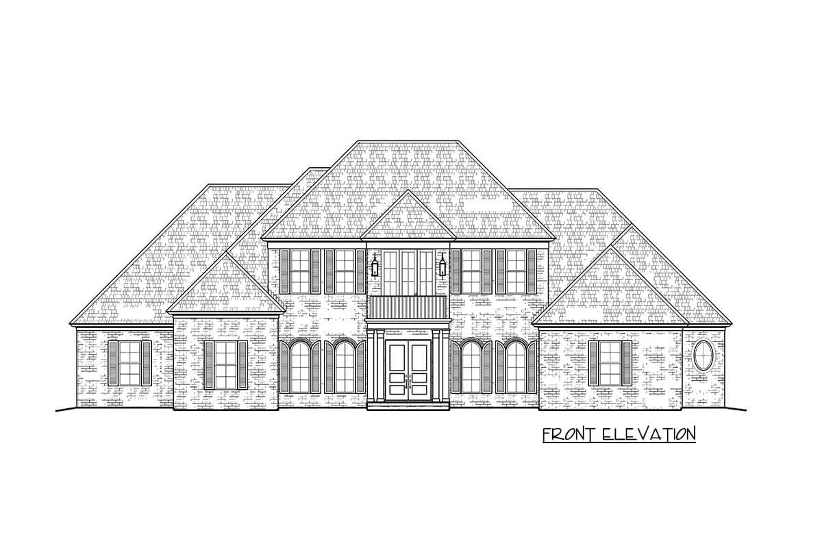 Front elevation drawing of a two-story house with a central portico, balcony, and multiple gables.