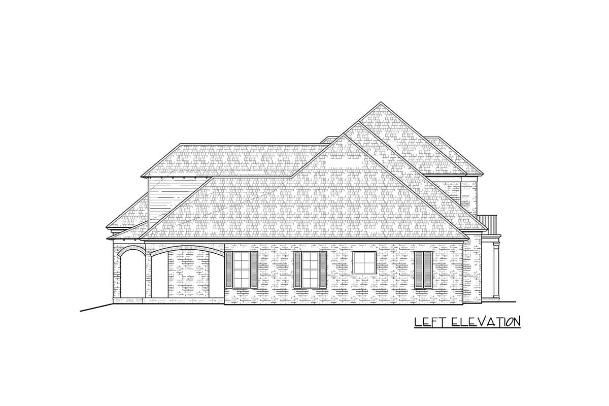 Left elevation drawing of a two-story house plan with multiple gables, arched entryways, and a balcony.