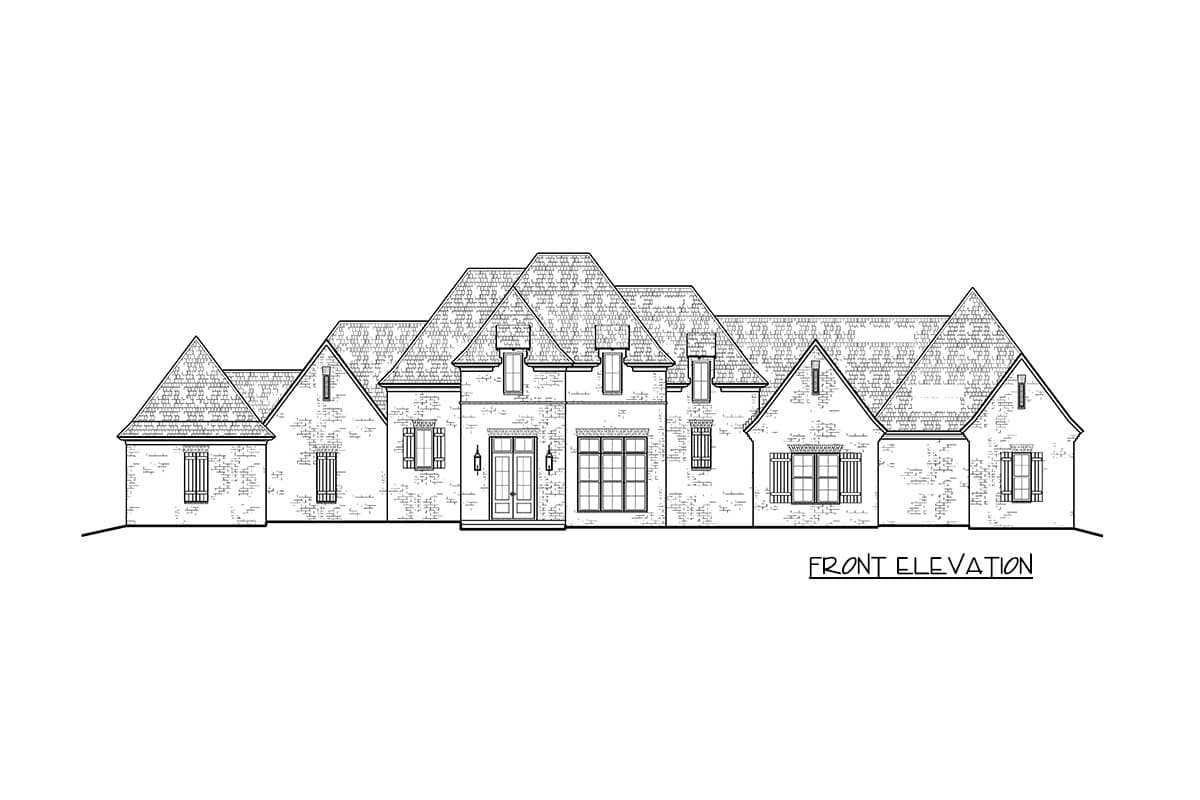 Front elevation drawing of a multi-story house with gabled roofs, dormers, and a central entrance with double doors.