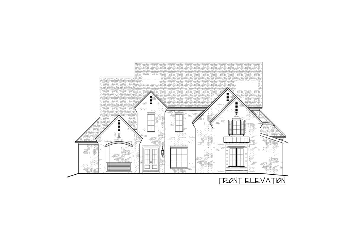 Front elevation drawing of a two-story brick house with multiple gables, arched entry, and bay window.