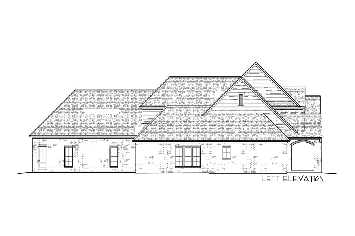 Left elevation drawing of a house with a brick facade, hip roof, and arched garage doors.