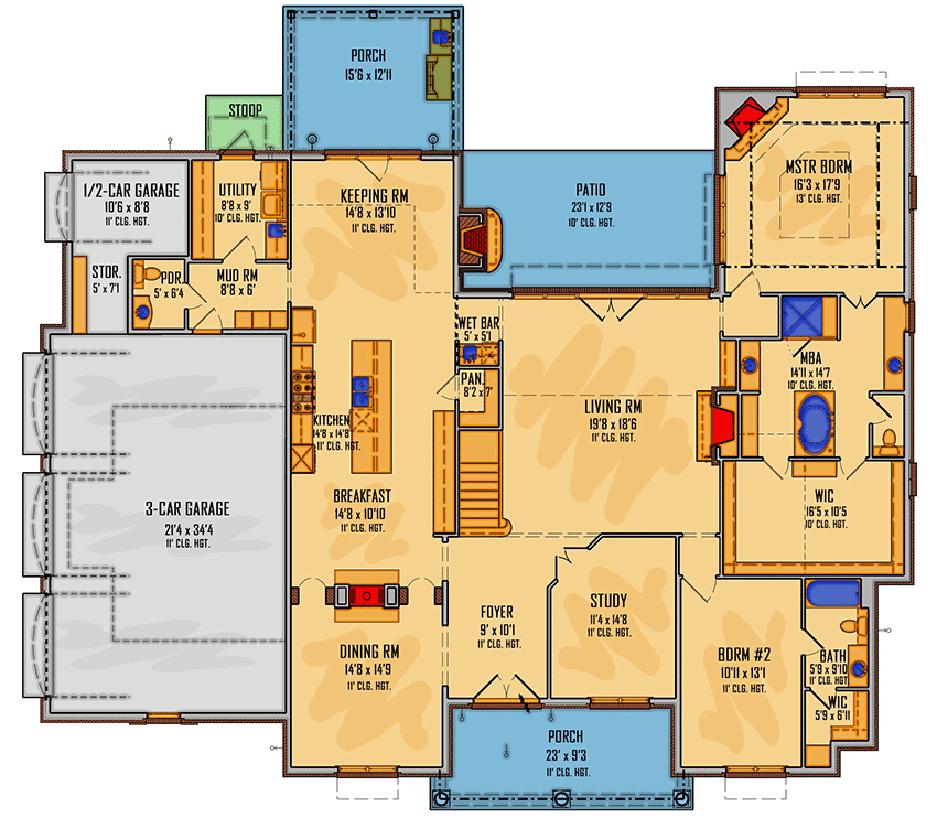 Plan 510192WDY: Exclusive Southern Home Plan with Two-story Living Room - Floor Plan - Main Level - Acadian, Louisiana-Style, Southern, Southern Traditional, Transitional