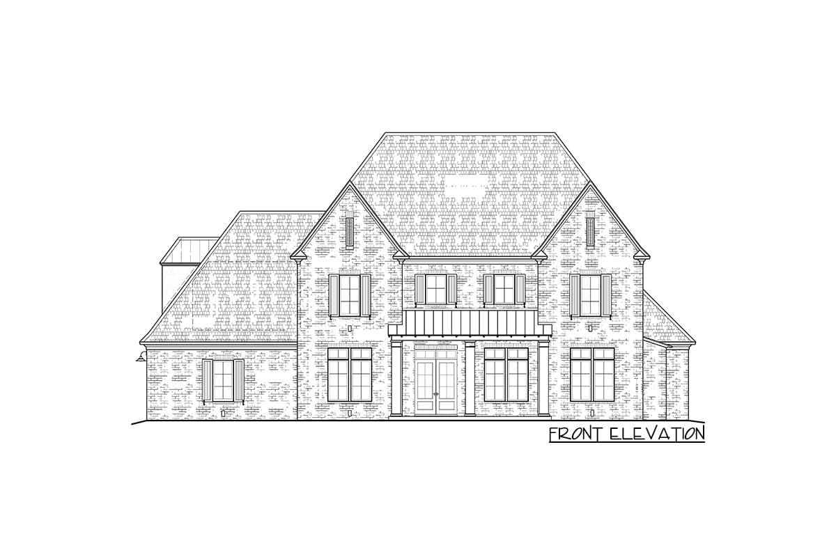 Front elevation drawing of a two-story brick house with a prominent gable, a second-story balcony, and multiple windows.