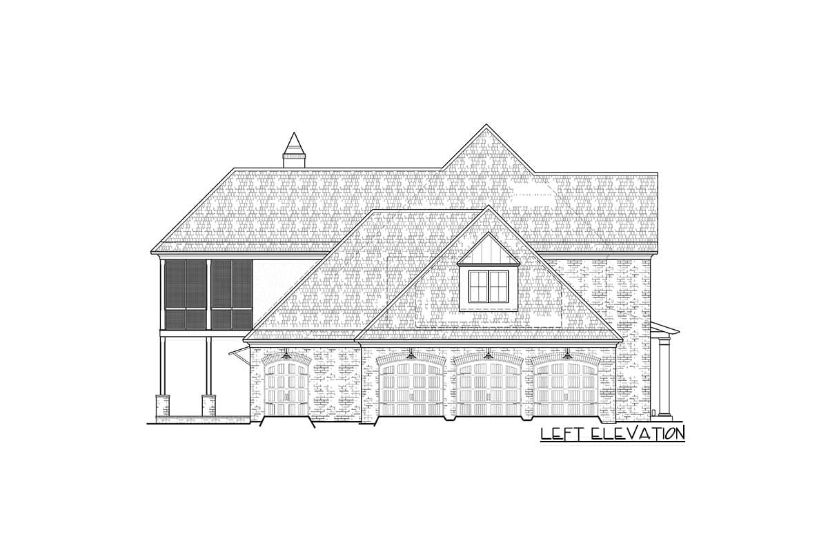 Left elevation of house plan shows a multi-story home with a hip roof, dormer, screened porch, and a four-car garage.