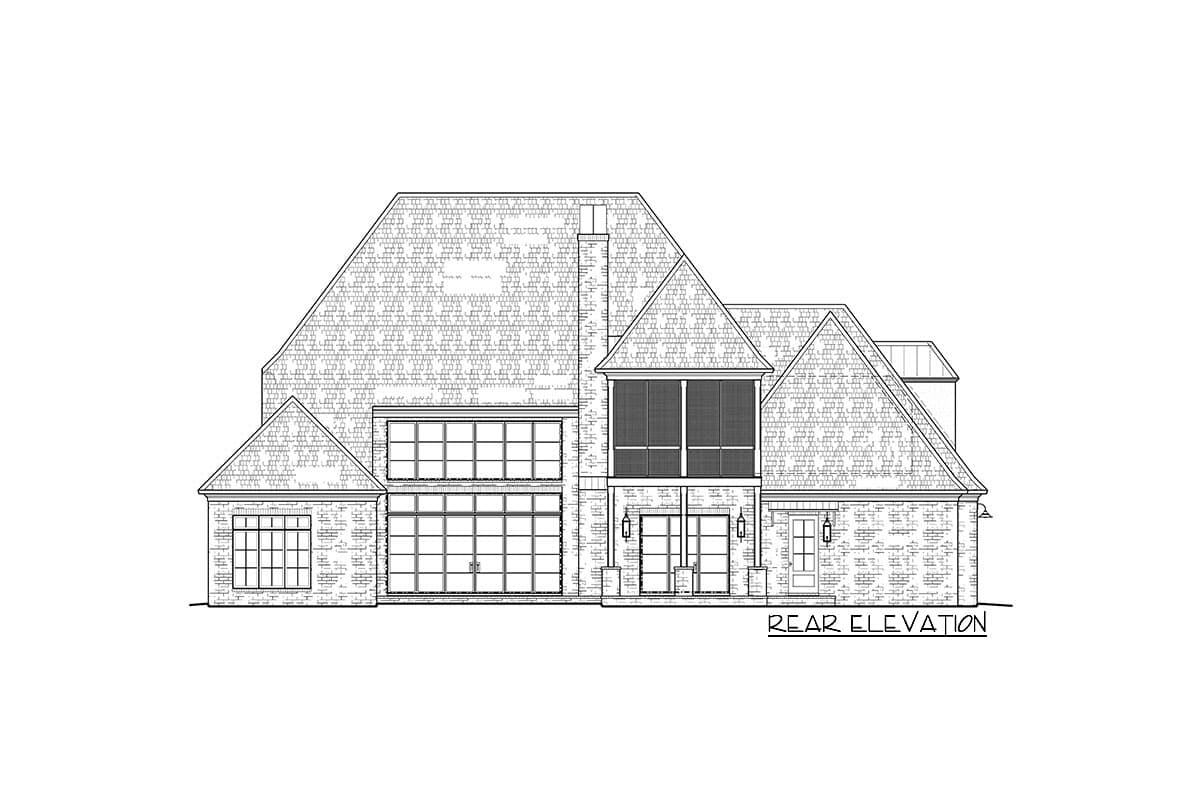 Rear elevation house plan with two-story windows, a screened porch, and a side-entry garage.