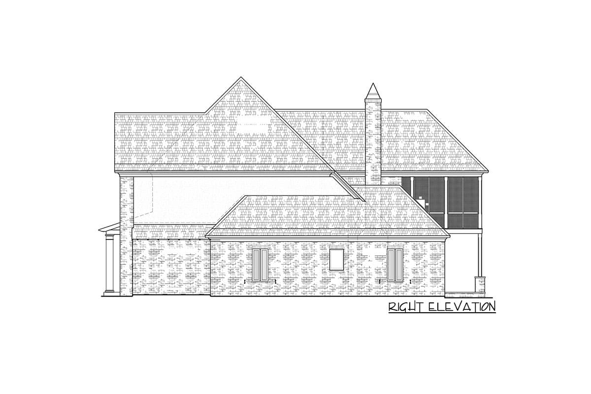 House plan right elevation drawing with brick facade, multiple gables, screened porch, and chimney.