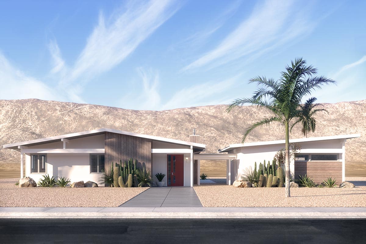 House plan exterior. Mid-century modern style, single-story home with a carport, flat roof, and wood accent siding. Desert landscaping.