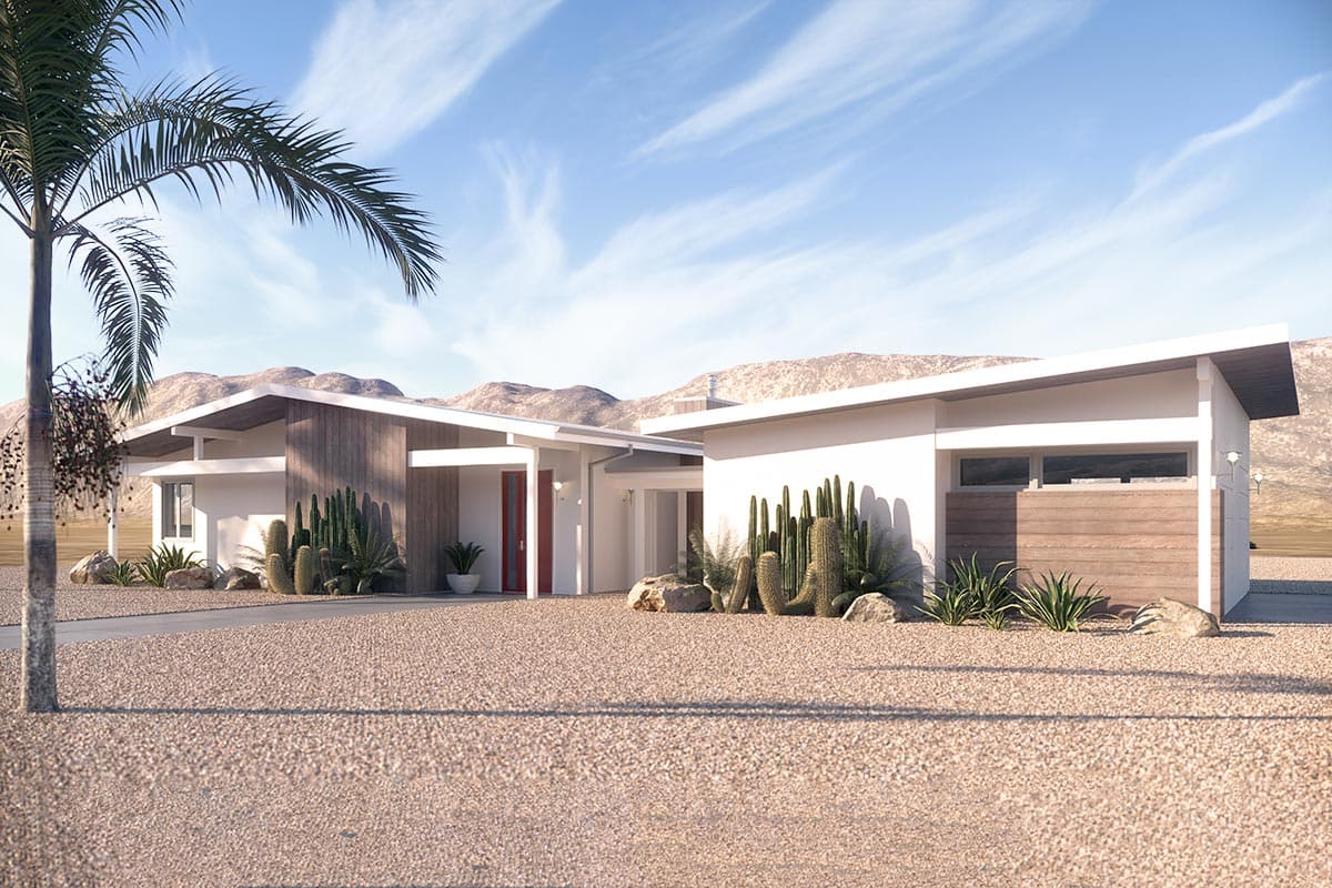 Modern Ranch style house plan exterior with butterfly rooflines, wood accents, and a covered entryway with red doors.