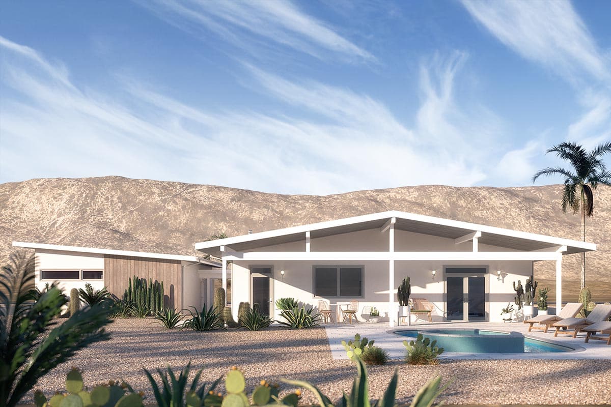 Mid-century modern house plan exterior with a low-pitched gable roof, covered patio, and attached garage.