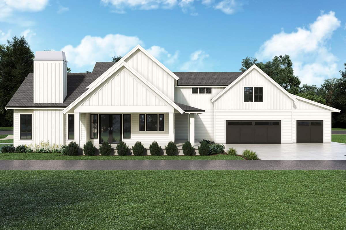 Modern Farmhouse style house plan exterior with a covered porch, vertical siding, prominent gables, and a three-car garage.
