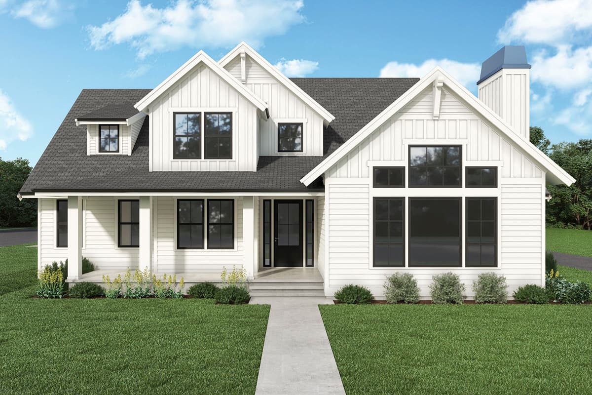 Modern Farmhouse house plan exterior with a covered porch, board and batten siding, and multiple gables.