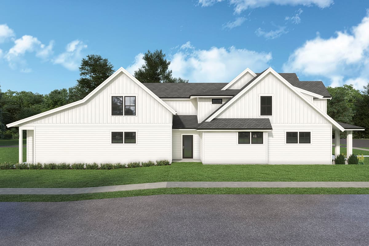 Modern Farmhouse house plan exterior with white board-and-batten siding, gables, and a covered porch.