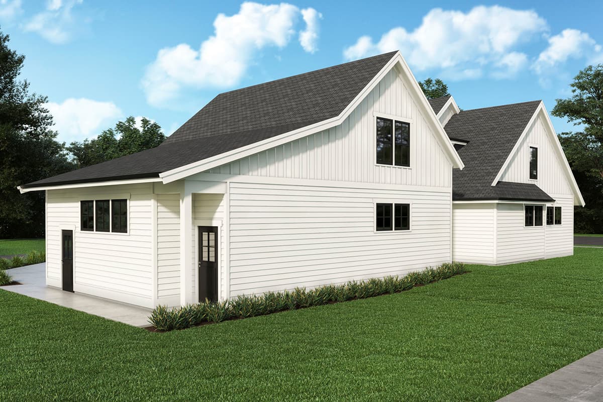 House plan exterior: Modern farmhouse style, two stories, white siding, gabled rooflines, and multiple dark-paned windows.