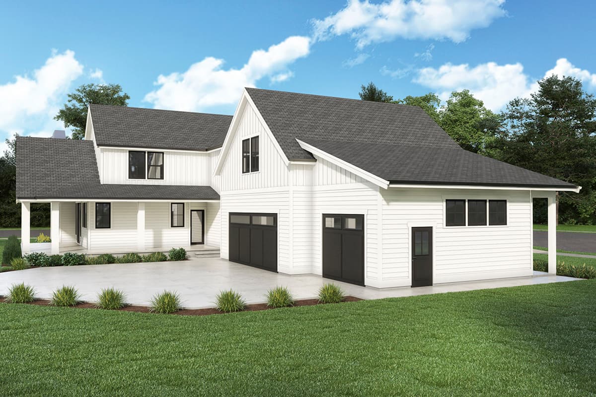 Modern Farmhouse house plan exterior, two stories, white board-and-batten siding, large gables, covered porch, and a three-car garage.