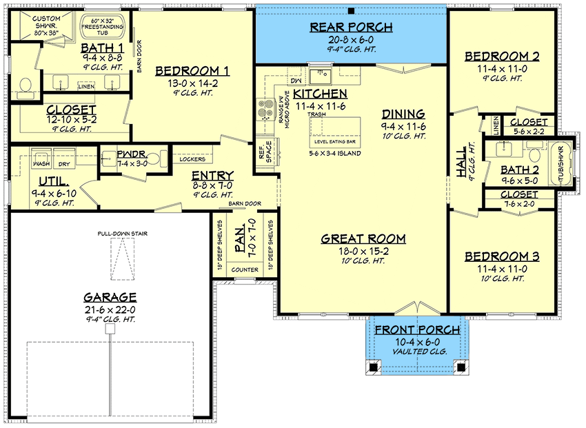 Plan 51855HZ: 3 Bed Texas Farmhouse Plan with Large Walk-in Pantry - 1599 Sq Ft - Floor Plan - Main Level - Cottage, Country, Farmhouse, Hill Country, New American, Ranch, Southern