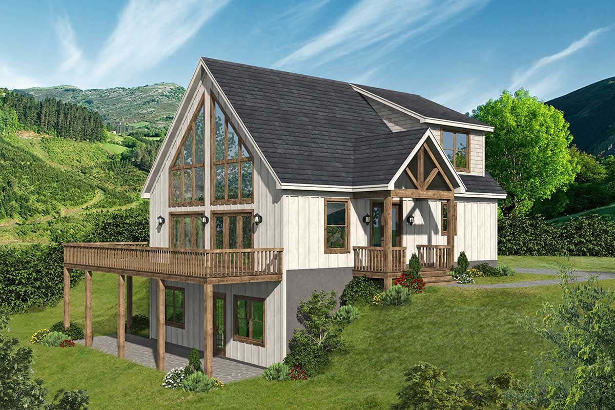 House plan exterior with two stories. Features include a gable roof, large windows, an elevated deck, and a porch with a timber frame.