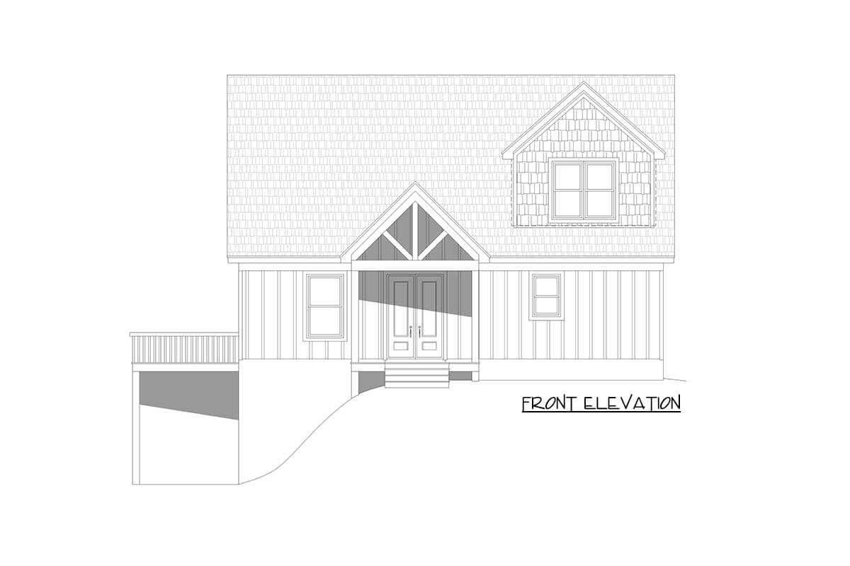 Front elevation drawing of a house plan showing a dormer, covered entry with gable, and side deck.