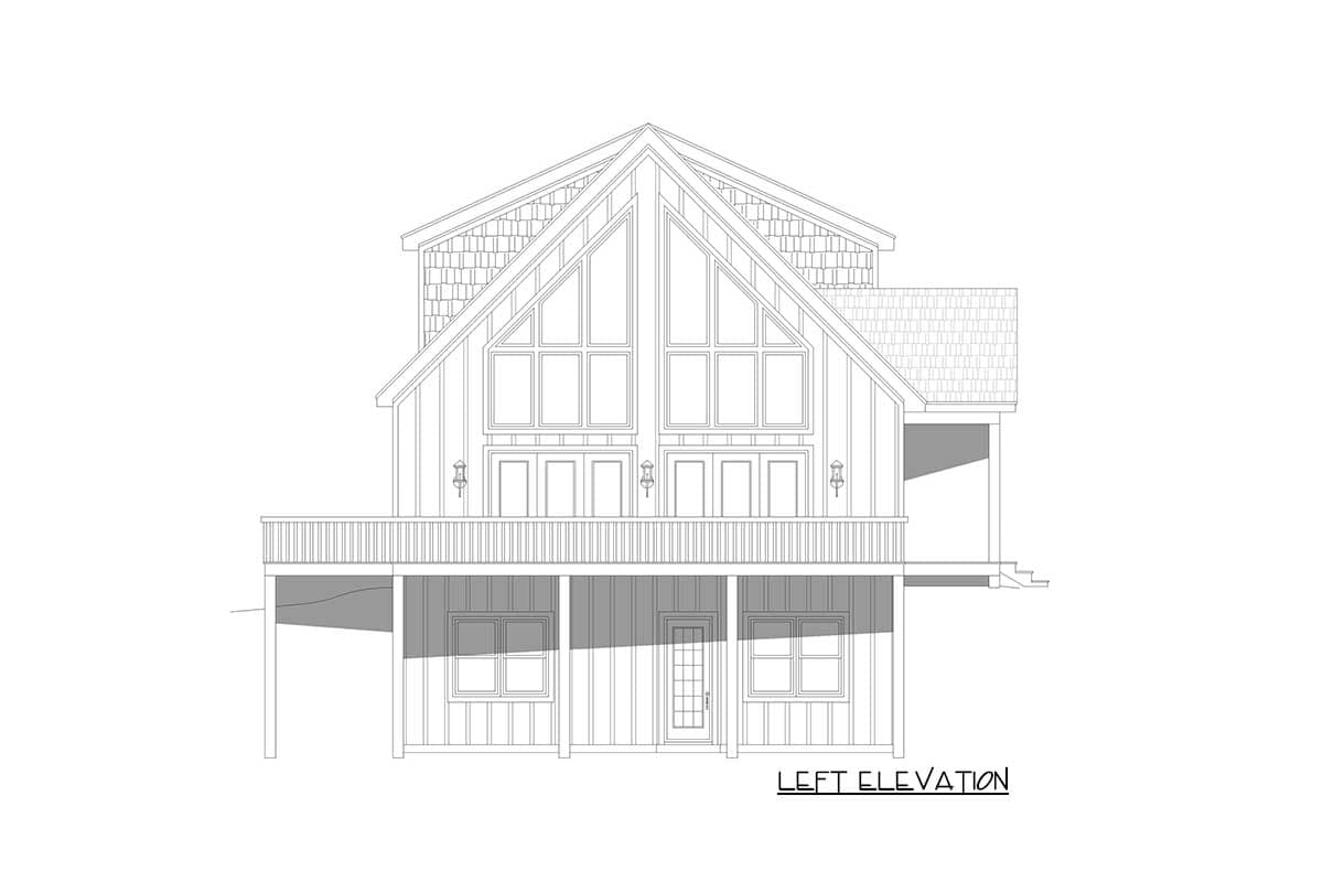 Left elevation drawing of a two-story house plan with a prominent gable, wraparound porch, and large upper windows.
