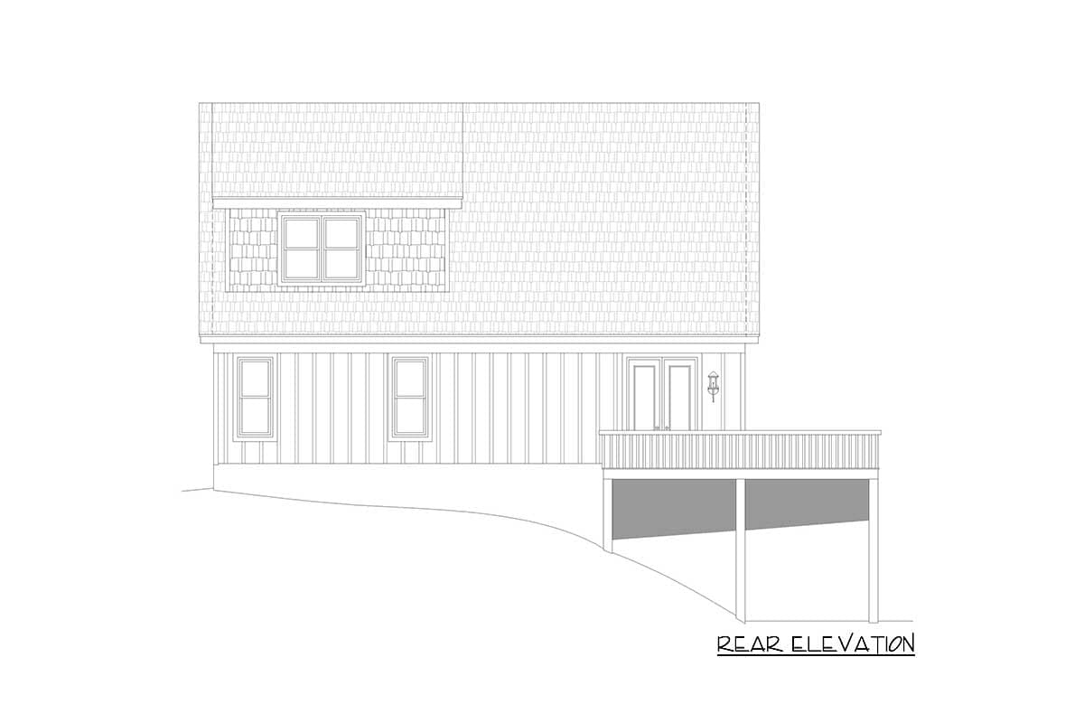 Rear elevation drawing of house plan with dormer window, siding, and deck.