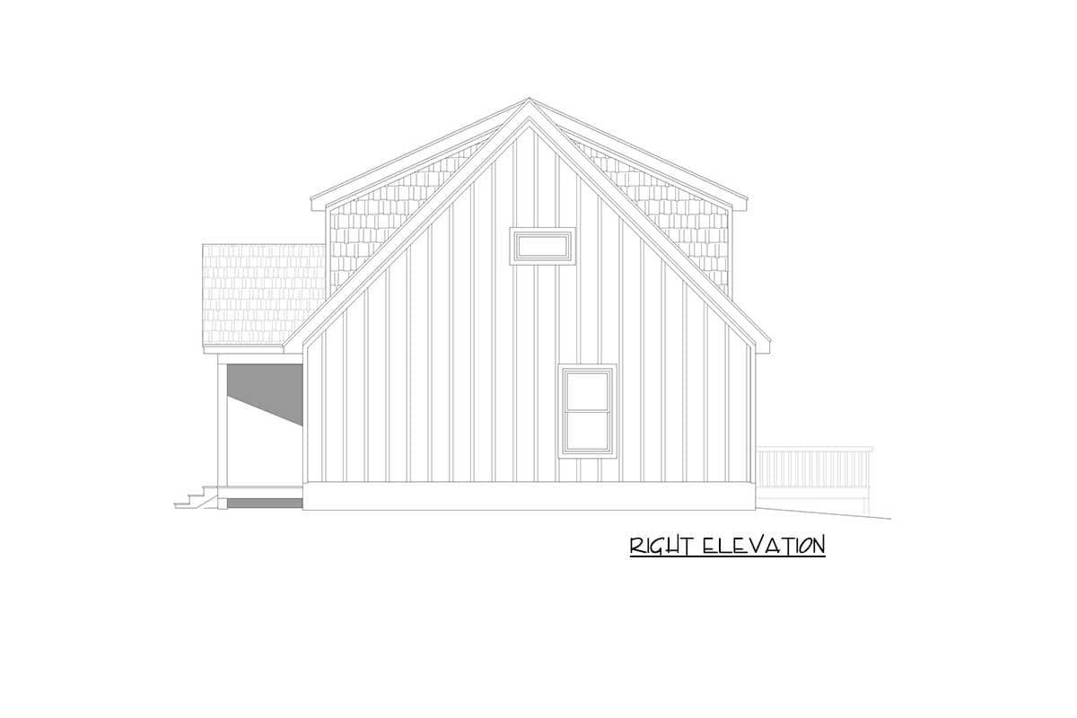 Right elevation house plan showing a gable roof, vertical siding, and a covered porch with steps.
