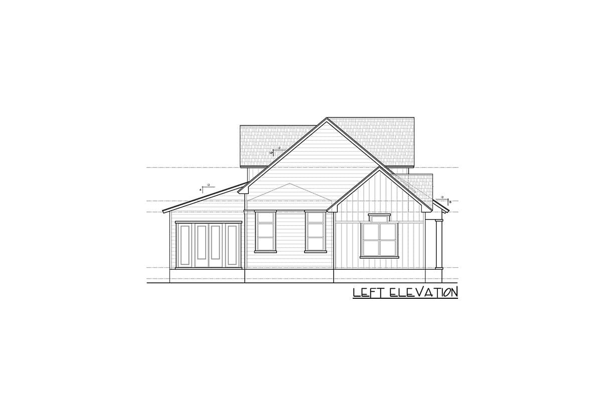 Left elevation of a two-story house plan showing a gable roof, dormer, four-panel door, and multiple windows.
