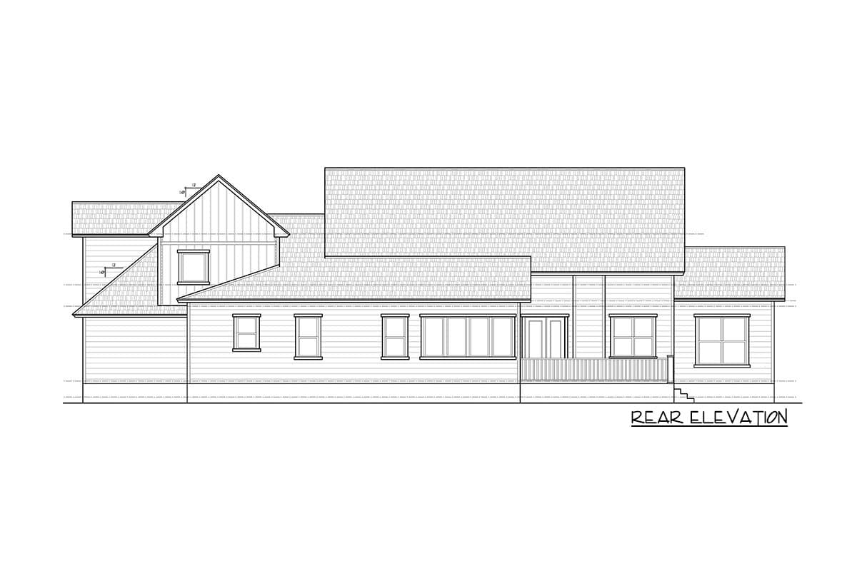 Rear elevation drawing of a house plan featuring varied rooflines, siding, multiple windows, double doors, and a deck.
