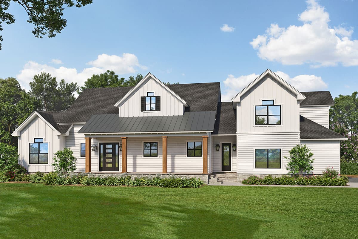 House plan exterior rendering. Modern Farmhouse style with two stories, gabled rooflines, a covered porch, and shed dormers.