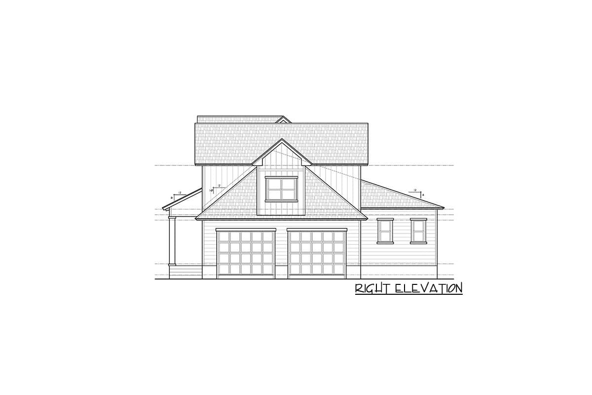 Right elevation drawing of a two-story house plan featuring a double garage, dormer, and gable roof.