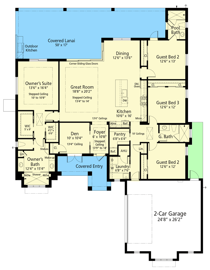 Plan 33238ZR: 4-Bed Coastal Contemporary Home Plan with Split Bedrooms - 2515 Sq Ft - Floor Plan - Main Level - Coastal Contemporary, Contemporary, Ranch, Transitional