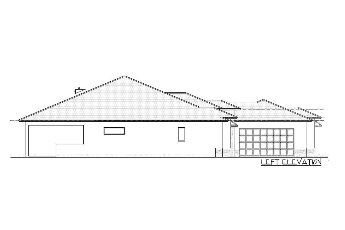 Left elevation drawing of a one-story house plan with a prominent gable roof, attached garage with square panel door, and small rectangular windows.