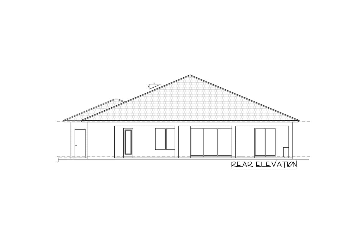 Rear elevation drawing of a single-story house plan with a pitched roof, single door, windows, and sliding glass doors.