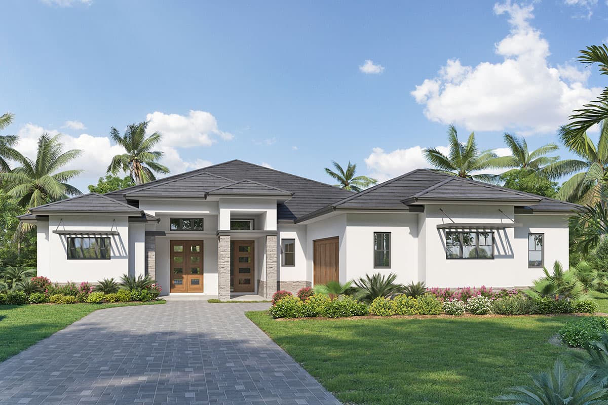 House plan exterior. Single-story design with a hip roof. Features include stone accents, a covered entry, and a side-entry garage.