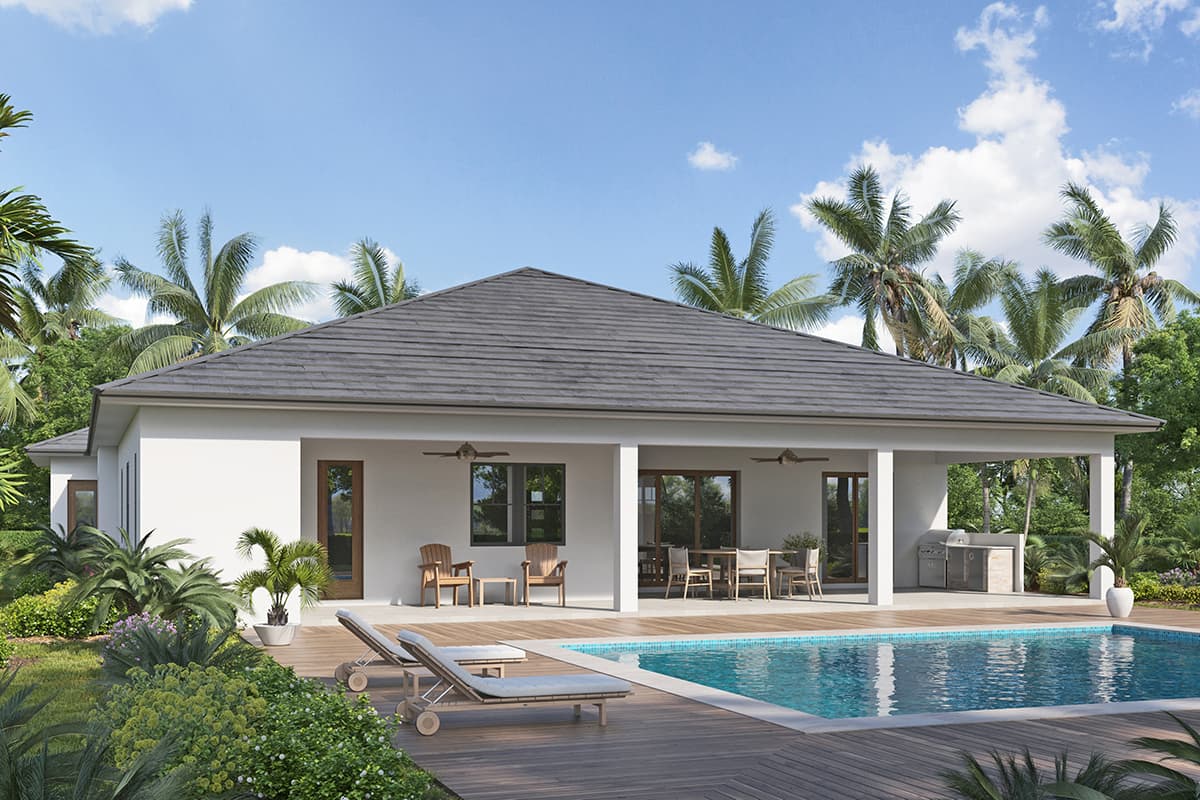 House plan exterior of a one-story Modern house with a hipped roof, covered patio with outdoor kitchen, and adjacent swimming pool.