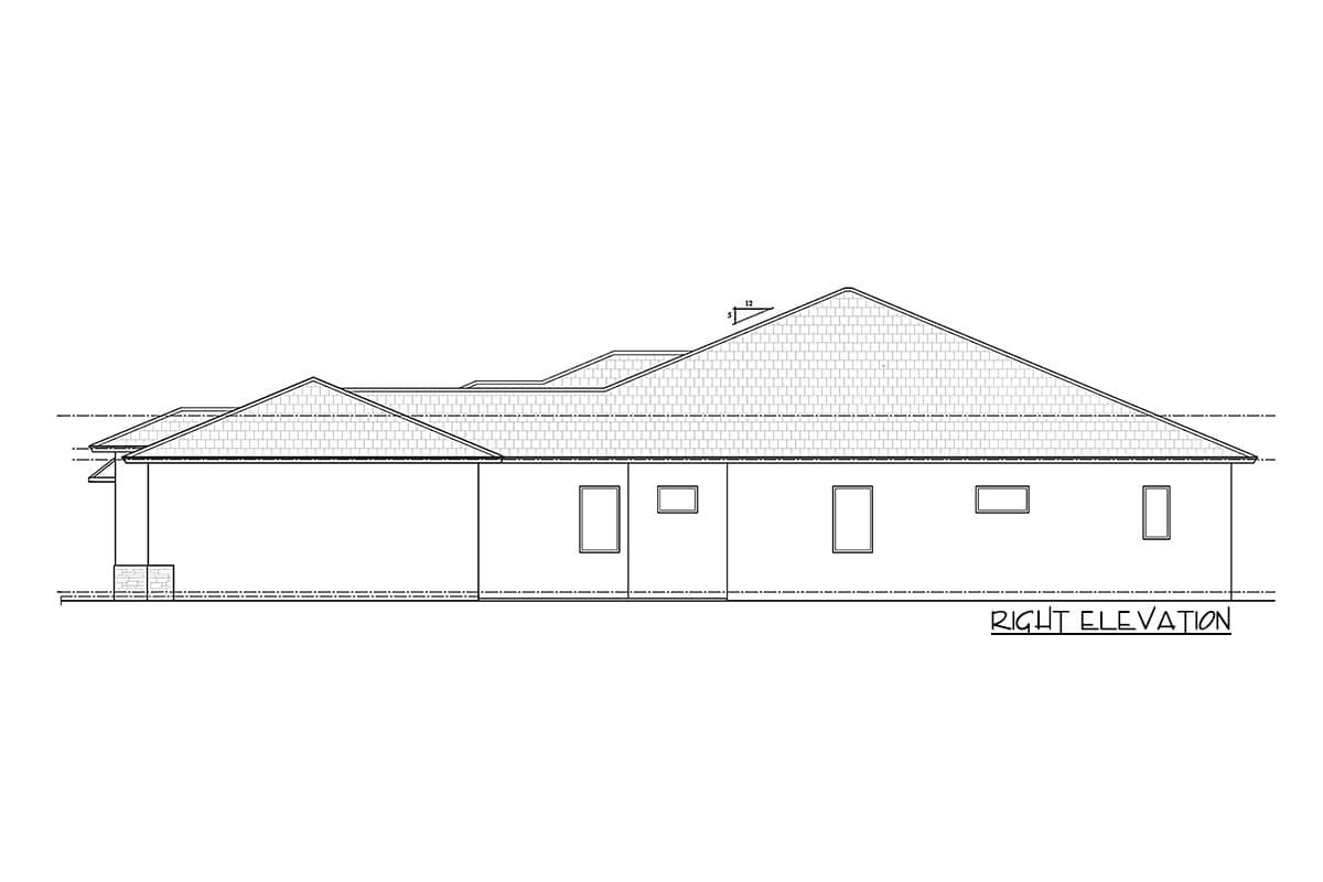 Right elevation drawing of a house plan featuring multiple rooflines, a covered entry, and several rectangular windows.