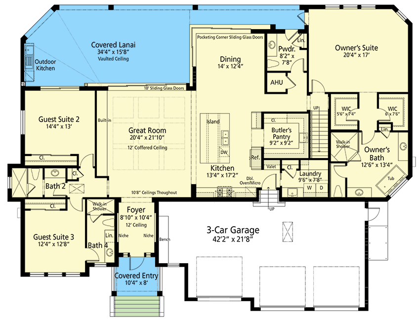 Plan 33239ZR: 4-Bed Coastal Contemporary House Plan with Butler's Pantry and Covered Lanai - Floor Plan - Main Level - Coastal, Coastal Contemporary, Contemporary, Craftsman, Florida-Style, New American, Southern