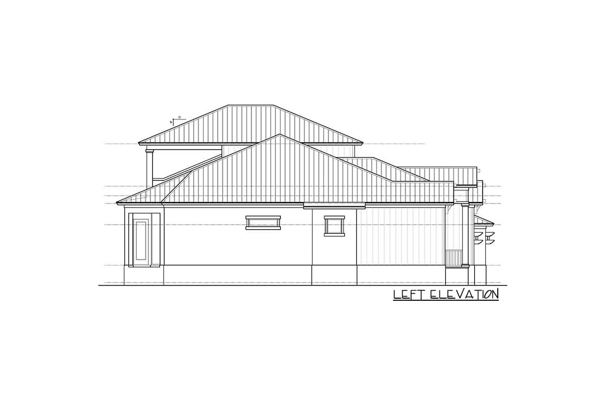 Left elevation house plan showing a two-story structure with a complex roofline, prominent gables, and a covered porch area.