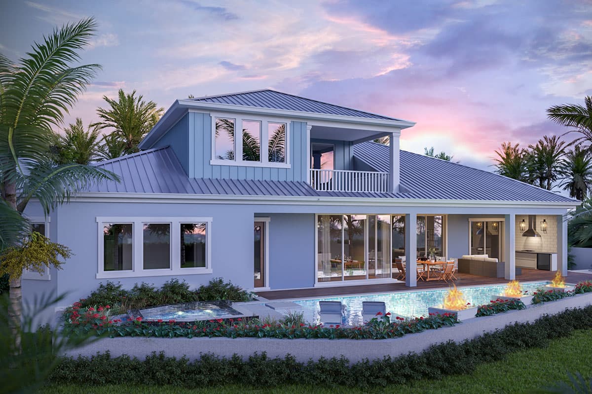 House plan exterior: Two-story Modern Farmhouse with metal roof, balcony, and outdoor kitchen with pool.