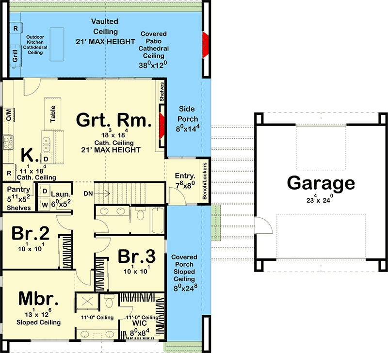 Plan 62325DJ: Scandinavian-Style House Plan with Pull-through 2-Car Garage - 1499 Sq Ft - Floor Plan - Main Level - Contemporary, Mid Century Modern, Modern, Ranch, Scandinavian, Southern, Southwest