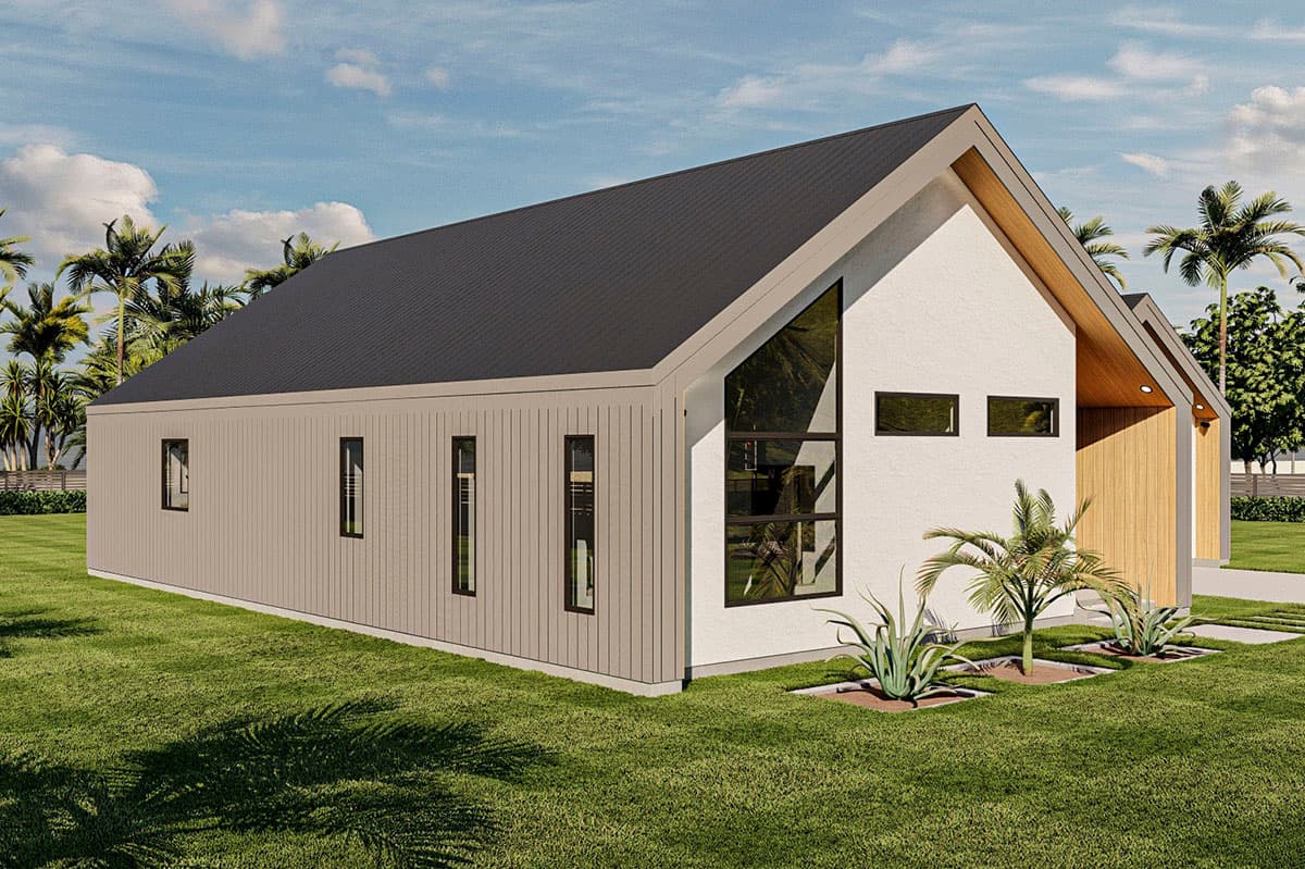 Modern house plan exterior with a steep gable roof, stucco and vertical siding, and large geometric windows.