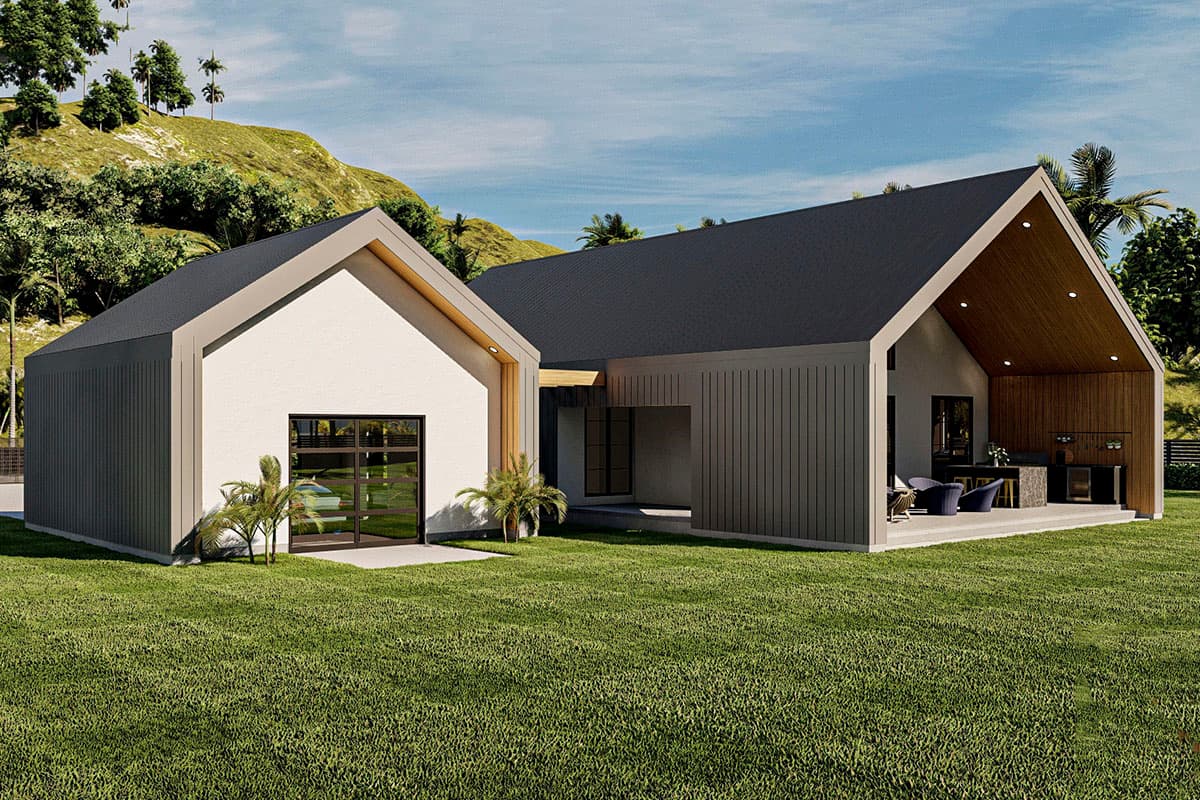 Modern house plan exterior with gabled rooflines, vertical siding, and an open covered patio with outdoor kitchen.