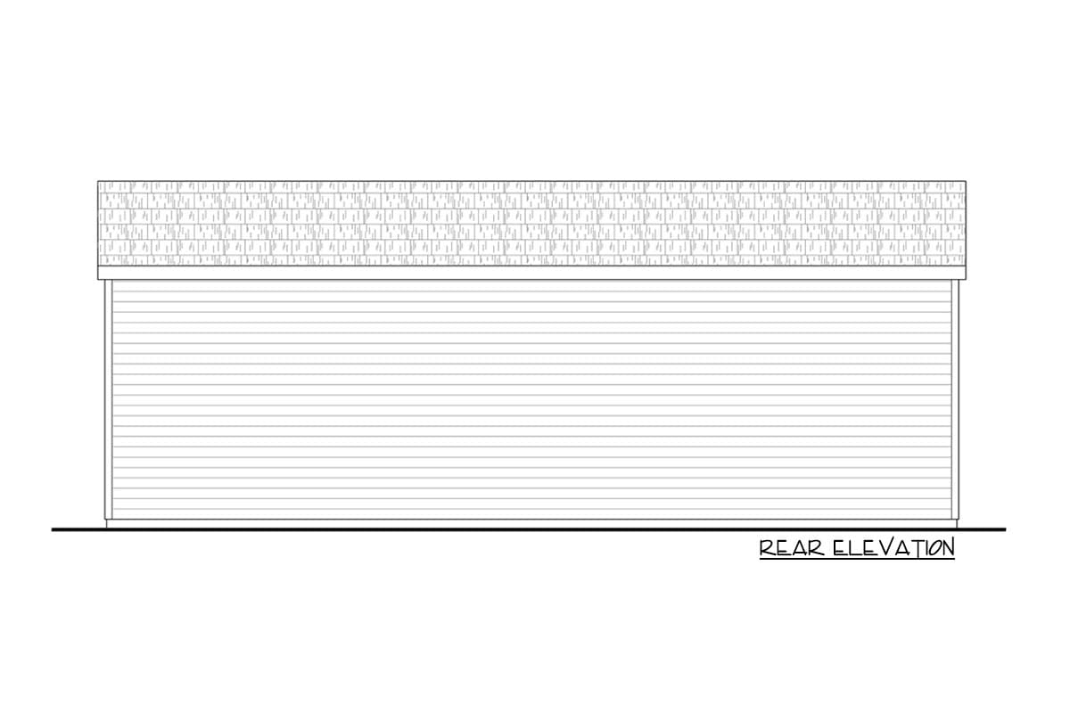 Rear elevation drawing of a house plan featuring a horizontally sided wall and a textured roof.