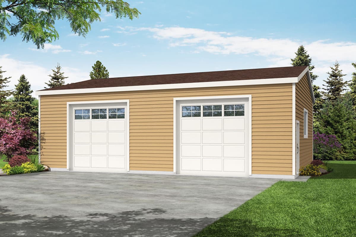 House plan exterior rendering. One-story garage with two garage doors. Features include a gable roof and paneled garage doors with window accents.